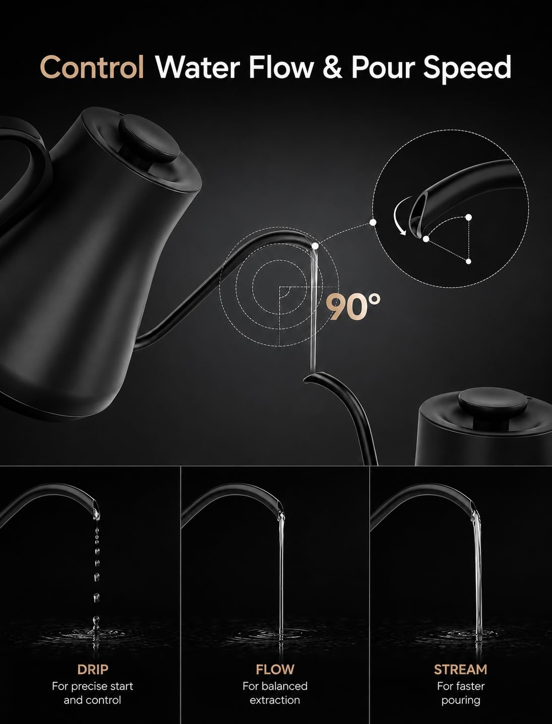 Cocinare Hervidor eléctrico de cuello de cisne, control preciso de temperatura, calentamiento rápido de 1500 W, hervidor de café y té con temporizador de preparación y mantiene el calor, acero