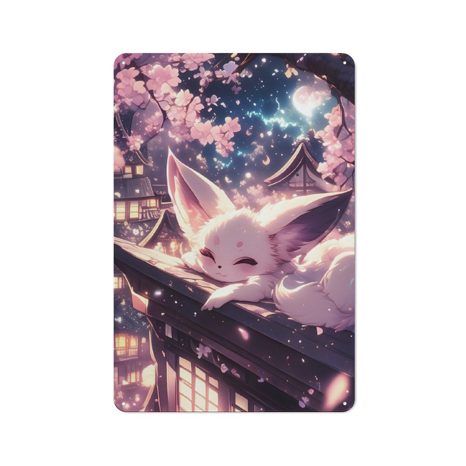 Junmoney Fox In Cherry Blossom Night For Man Cave Or Games Room, Retro Metal Plaque 30X20cm, For Metal Sign Collectors, For Garage And Workshop Walls