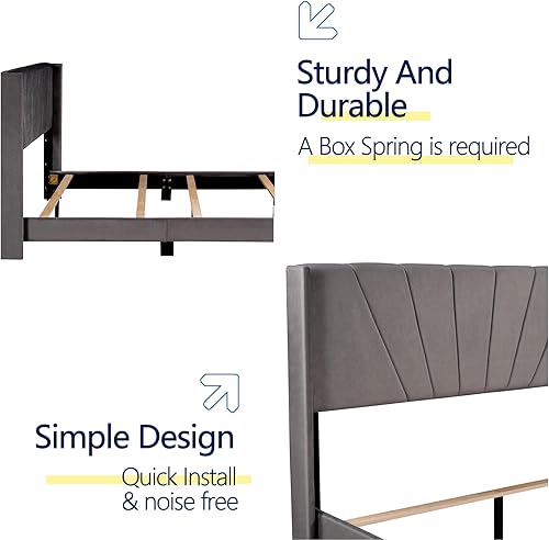 Miniatura 4 de Base de cama de plataforma tamaño Queen con cabecera tapizada de terciopelo y soporte de listones de madera, cama y cabecera tamaño Queen, no