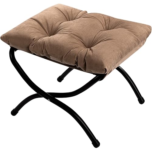 HollyHOME 15"(H) Folding Footrest Stool, Upholstered Small Foldable Ottoman, Accent Padded Sofa Foot Stool for Lazy Chair, Metal Frame Portable Foot Rest Ottoman for Living Room, Bedroom, Dark Brown