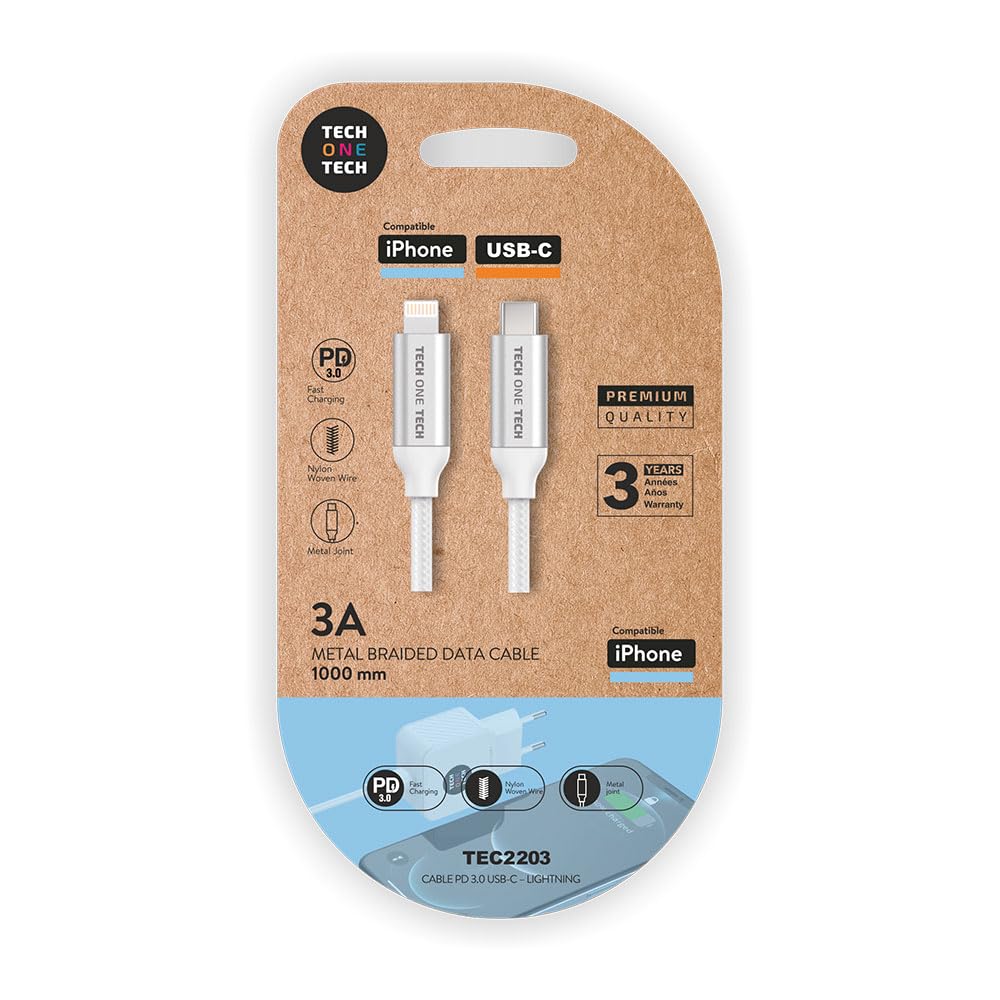 Cable USB Tipo-C Lightning Tech One Tech TEC2203/ Lightning Macho - USB Tipo-C Macho/ Hasta 20W/ 480Mbps/ 1m/ Blanco