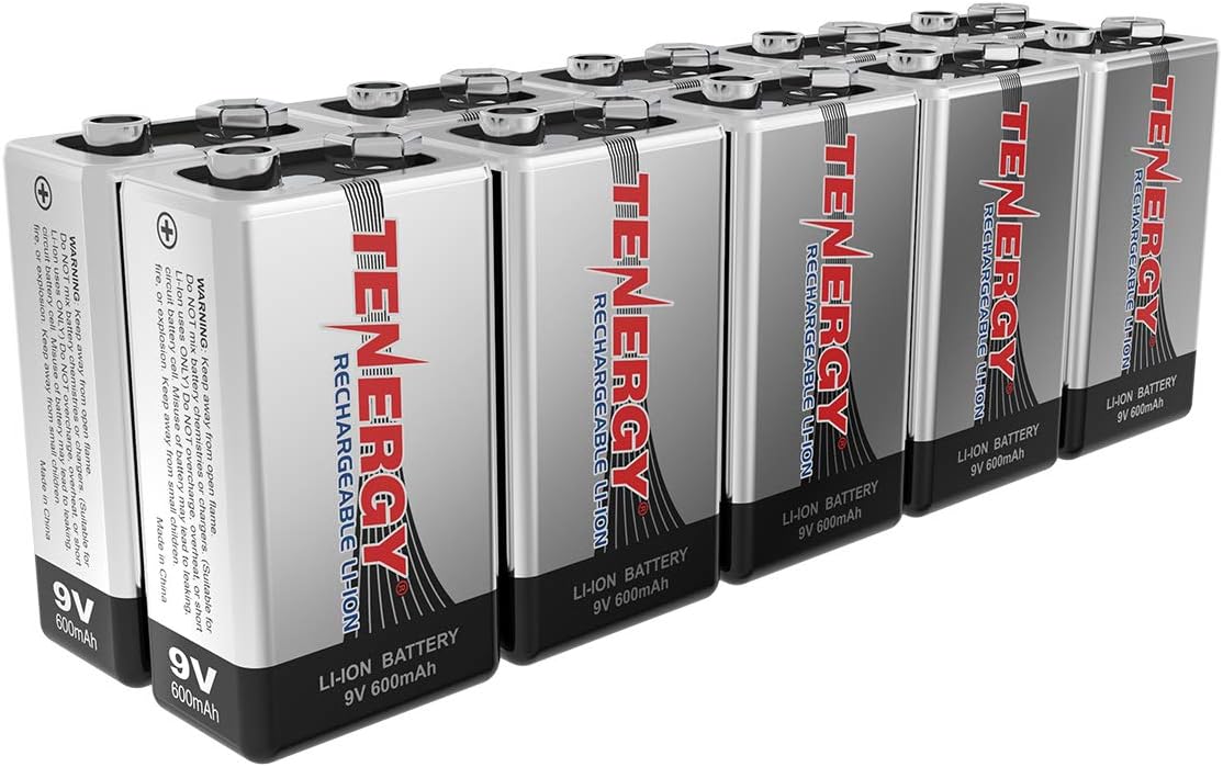Tenergy 9V 600mAh Li-ion Rechargeable Batteries, 10 Pack