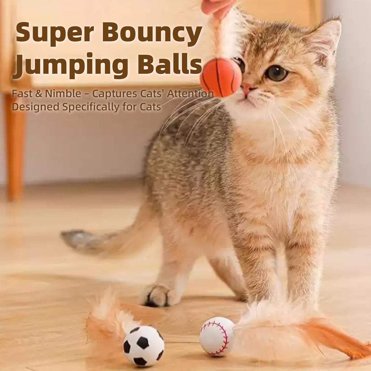 MANON ROSA Cat Feather Ball Toy Set 6 Pcs - Interactive Bouncy Balls for Indoor Adult Boring Cats, Kitten Toys with Silicone Feathers for Play Exercise