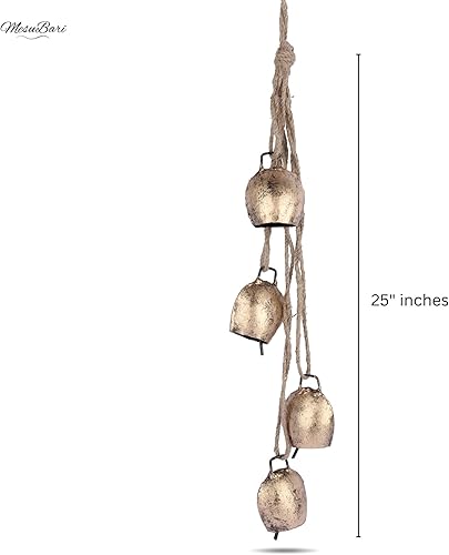 Miniatura 6 de Juego de 4 campanas de viento relajantes, campanas colgantes de metal rústico con cuerda, campanas de hierro para el hogar, jardín, balcón,