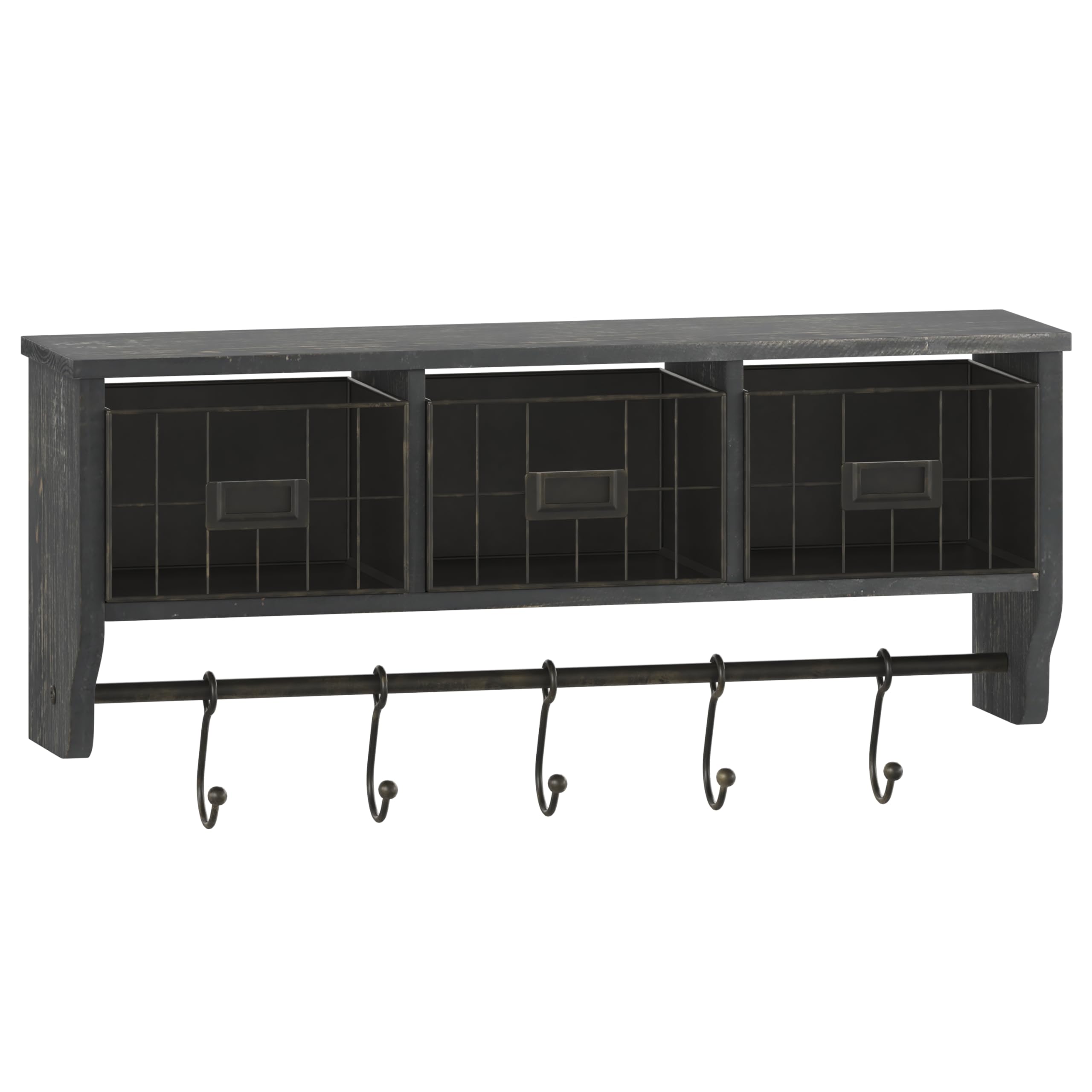 EMMA + OLIVER Mulhall Wall Mounted Shelf with Storage Cubbies - Blackwash Finish - Rustic Country Style - 5 Adjustable Sliding Hooks - 3 Wire Storage Baskets