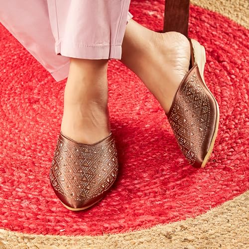 Image of Bellies for Women |Slip on Juttis Soft Padded |Stonework Mules for Ladies| Sparkling Upper |Back Open Casual Flats| Stylish Footwear Sandals for Ladies|Punjabi Mojari Half Shoes