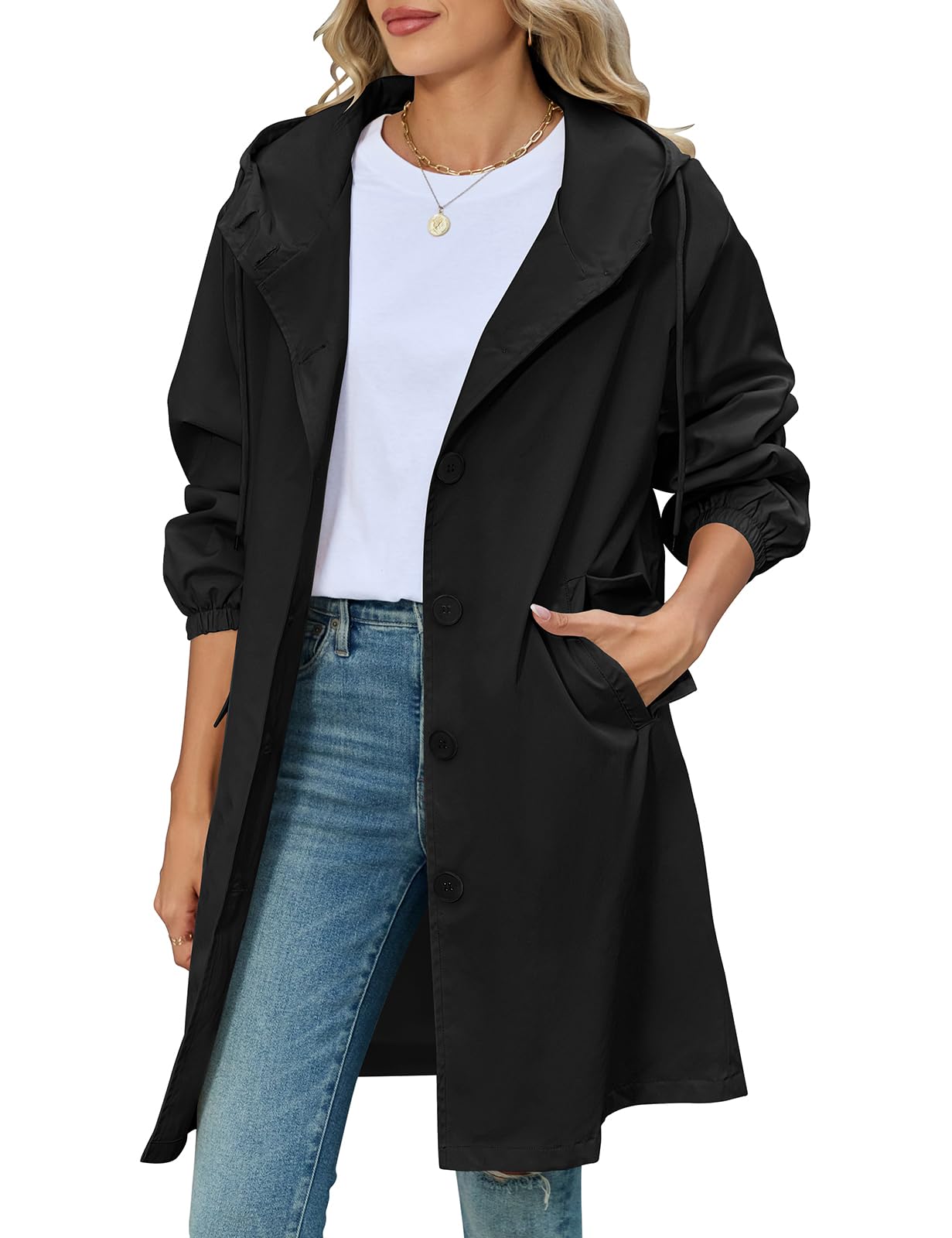 Trench Coats for Women Long Lightweight Hooded Trench Coat, Solid Colour Classic Windproof Pea Coat Single-Breasted Windbreaker Jacket with Pockets for Spring Summer Autumn