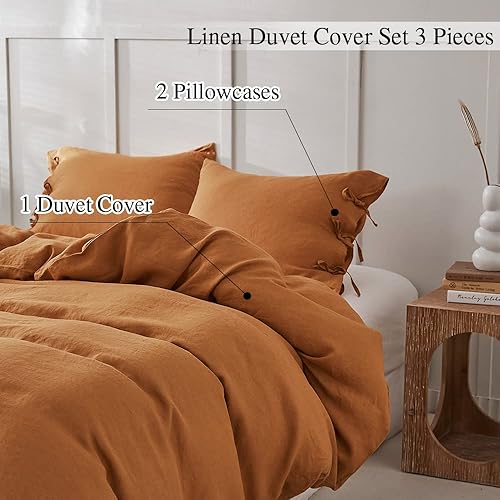 Miniatura 5 de Simple&Opulence Juego de funda de edredón 100% lino, 3 piezas con cierre de lazos de lazo, lino lavado francés natural, color sólido, suave,