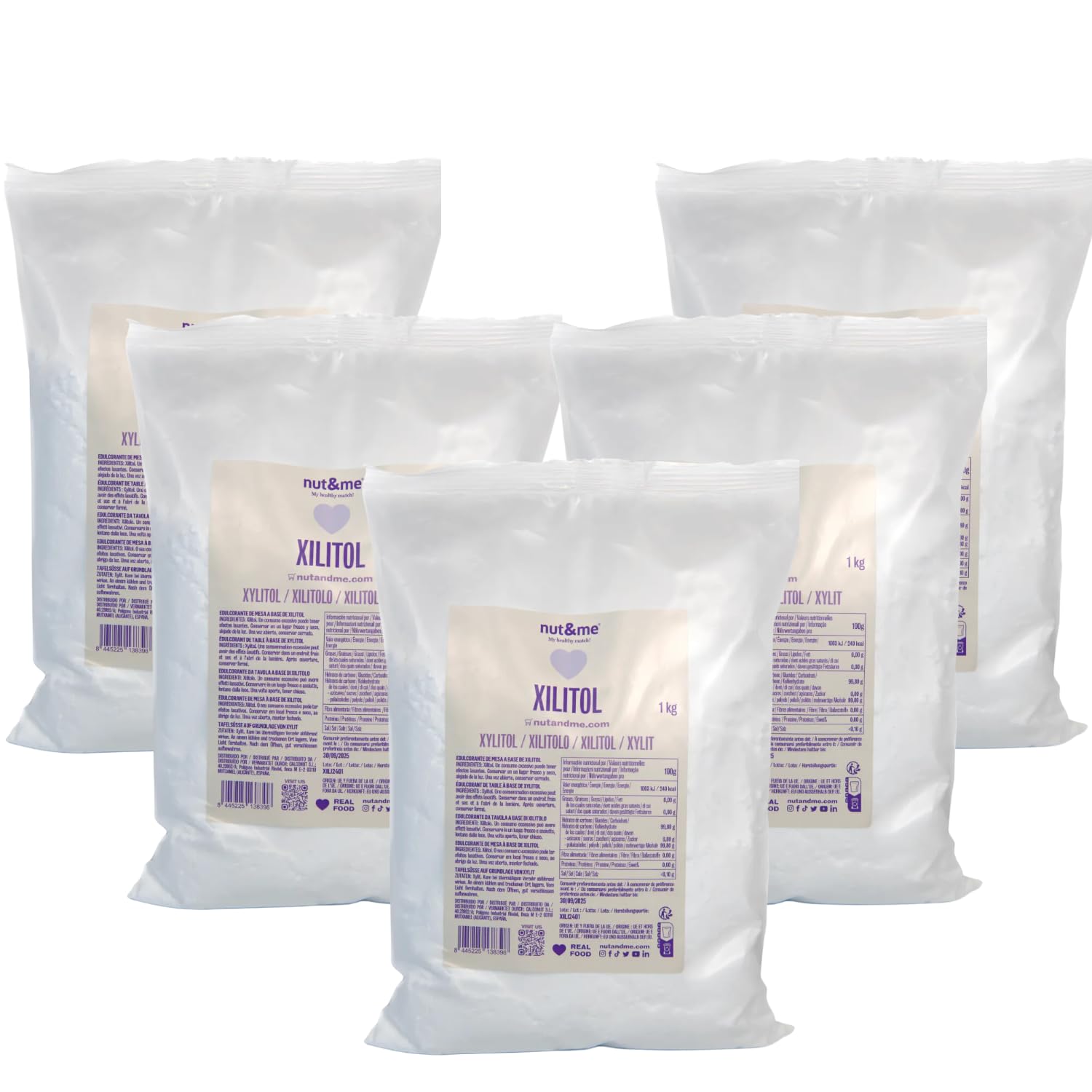 nut&me Xilitol 5 kg | Pack 5 x 1 kg,Edulcorante 100% natural, Sin gluten, aditivos ni conservantes, Bajo en calorías
