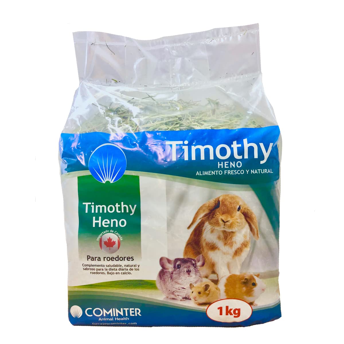 Cominter Animal Health Heno Natural Timothy para Conejos, EOS, Hamsters, Cobayas y Roedores (1 kg). Comida para Conejos con Fibra para el Desgaste Dental del Roedor.