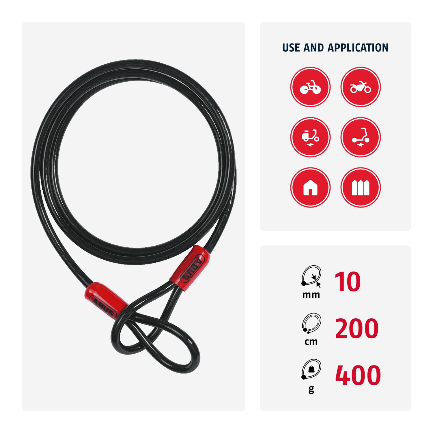 ABUS Cavo ad Anello Cobra 10/200 - Cavo in Acciaio Rivestito in plastica - Lunghezza 2 m, Spessore 10 mm - Sicurezza per Accessori di Biciclette e Moto - Nero, Nero, 200 cm
