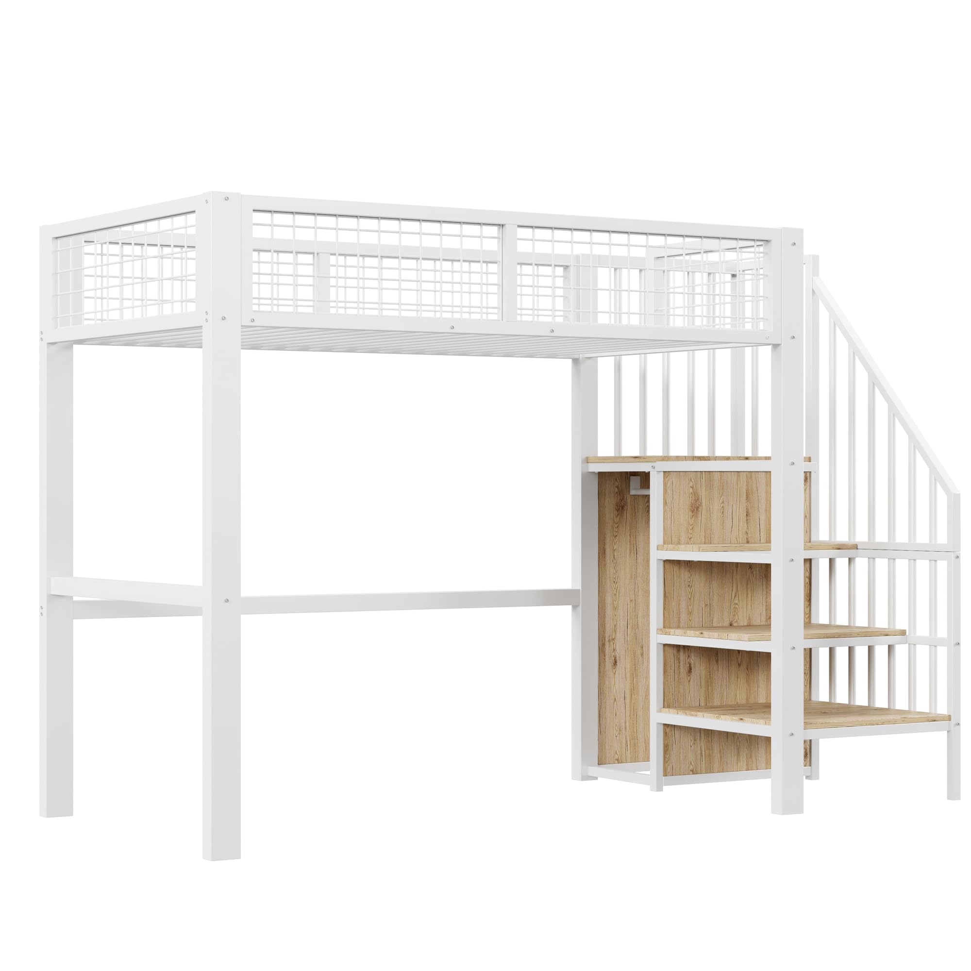 Moimhear Letto a soppalco 90 x 200 cm, letto in ferro con scaletta, lettino con telaio in ferro e scaffalatura, armadio (Bianco)