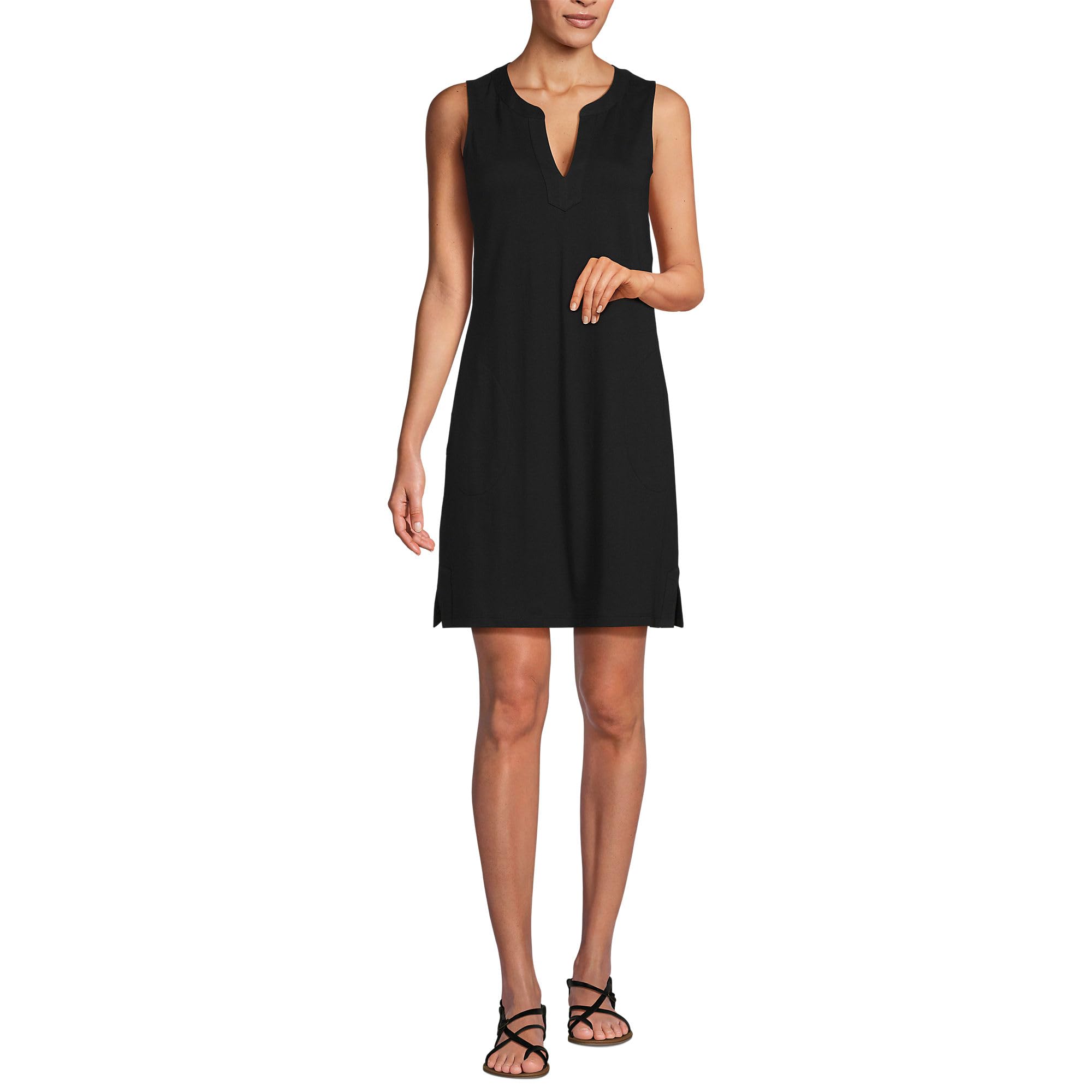 Lands' End Women's Cotton Jersey Notch Neck Dress with Soutache