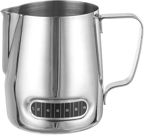 uxcell Jarra de espuma de leche con termómetro integrado, taza de café de acero inoxidable de 12 oz11.8 fl oz, jarra de espuma de leche con asa para