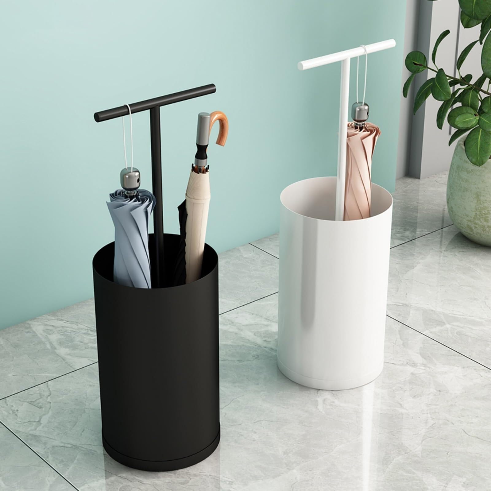 Porte-Parapluie autoportant en métal avec bac à Eau Amovible Porte-Canne Portable Boîte de Rangement Ronde Porte-Parapluie Simple et Moderne(Beige)