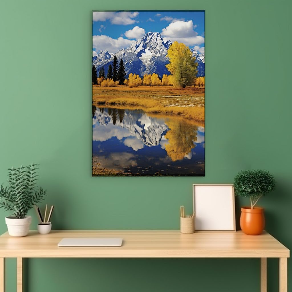 Canvas for Living room. Reflective Waters and the Majesty of Snow-Capped Peaks in Autumn's Embrace, 27 x 18 inch Canvas Wall Art - Contemporary Masterpieces - Modern Home Decor - 69x46 cm (27x18 inch)