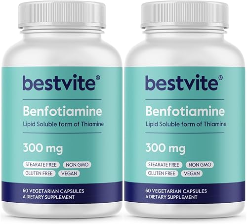 Benfotiamina 300 mg 120 cápsulas vegetarianas paquete de 2 sin estearatos sin dióxido de silicio vegano sin OMG sin gluten