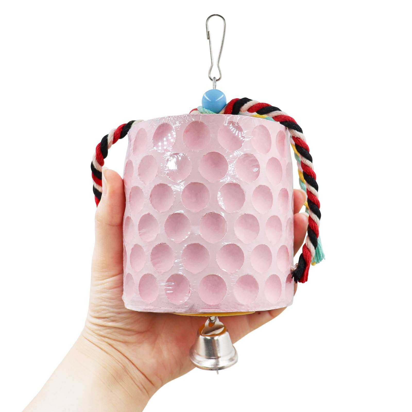 Oooct Juguete grande para masticar pollo, pico de pollito, piedra de calcio con campanas, accesorios de gallinero, juguetes de jaula para cacatúa, periquito, loro, periquito, rata, hámster, conejo,