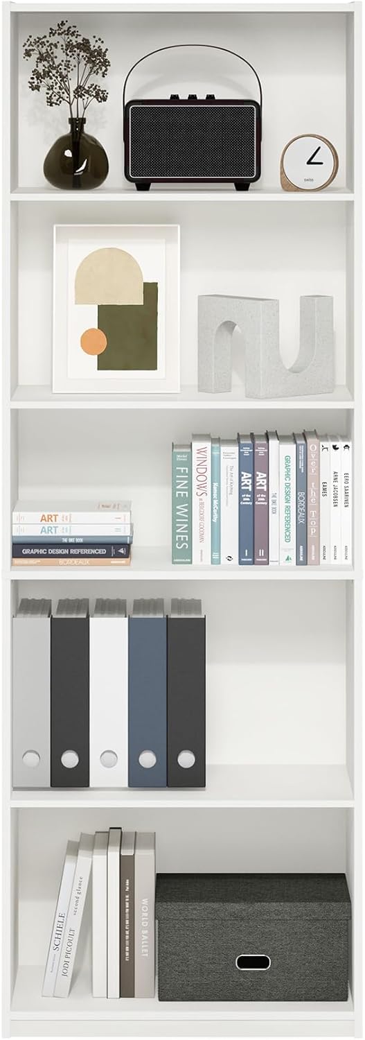 Furinno GEHRY Book Shelf, 5-Tier Bookshelf with Open Shelf, Standing Bookcase with Adjustable Shelves, 11.6 x 24.8 x 71.4, for Living Room, Bedroom, Home Office, White