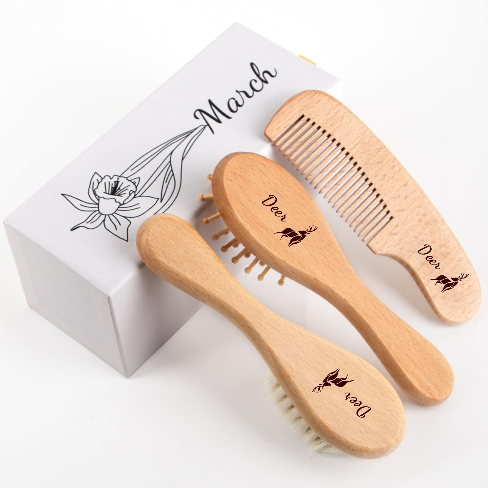 Personalized Baby Hair Brush & Comb Set with Soft Goat Bristles,Custom Laser Engraved Name,Newborn Grooming Kit with Birth Flower Gift Box (March)