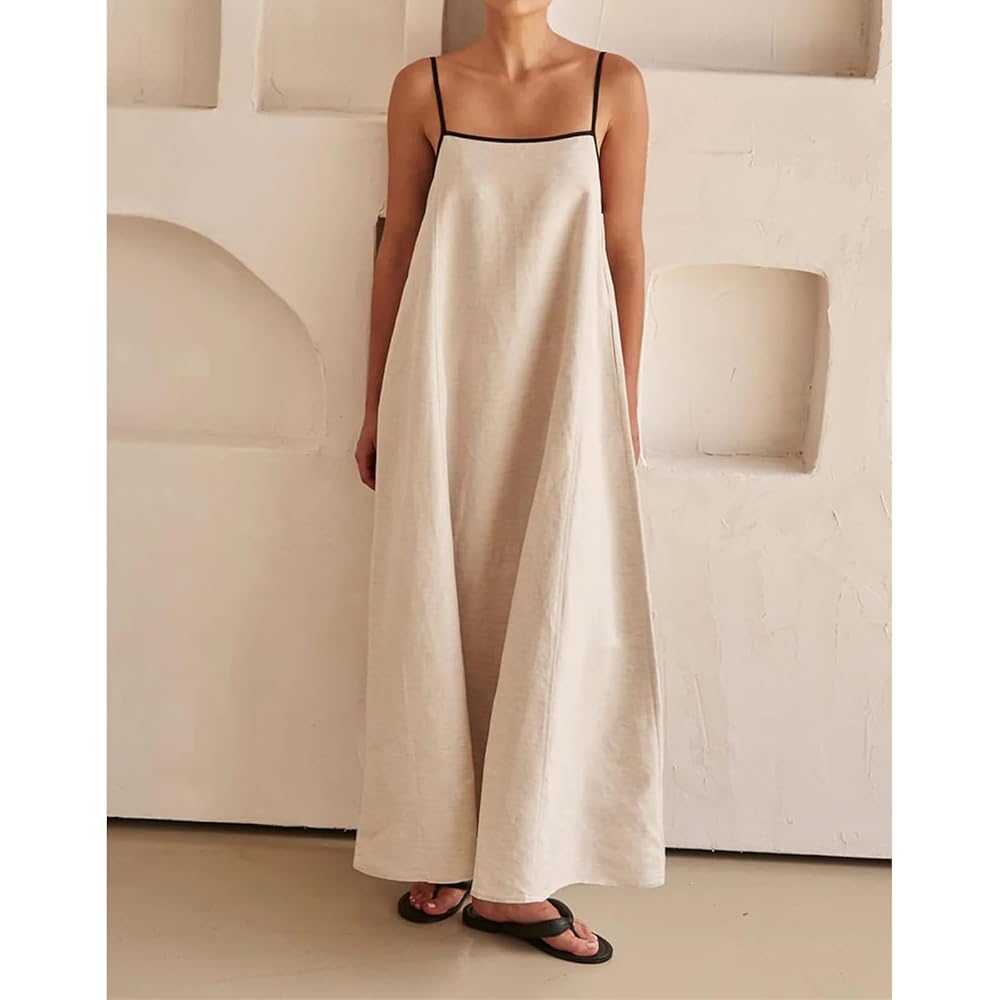 【k♡】Tulip Chiffon Long Dress beige pe KAJXZ Linen Dresses for Women Summer Sleeveless Spaghetti
