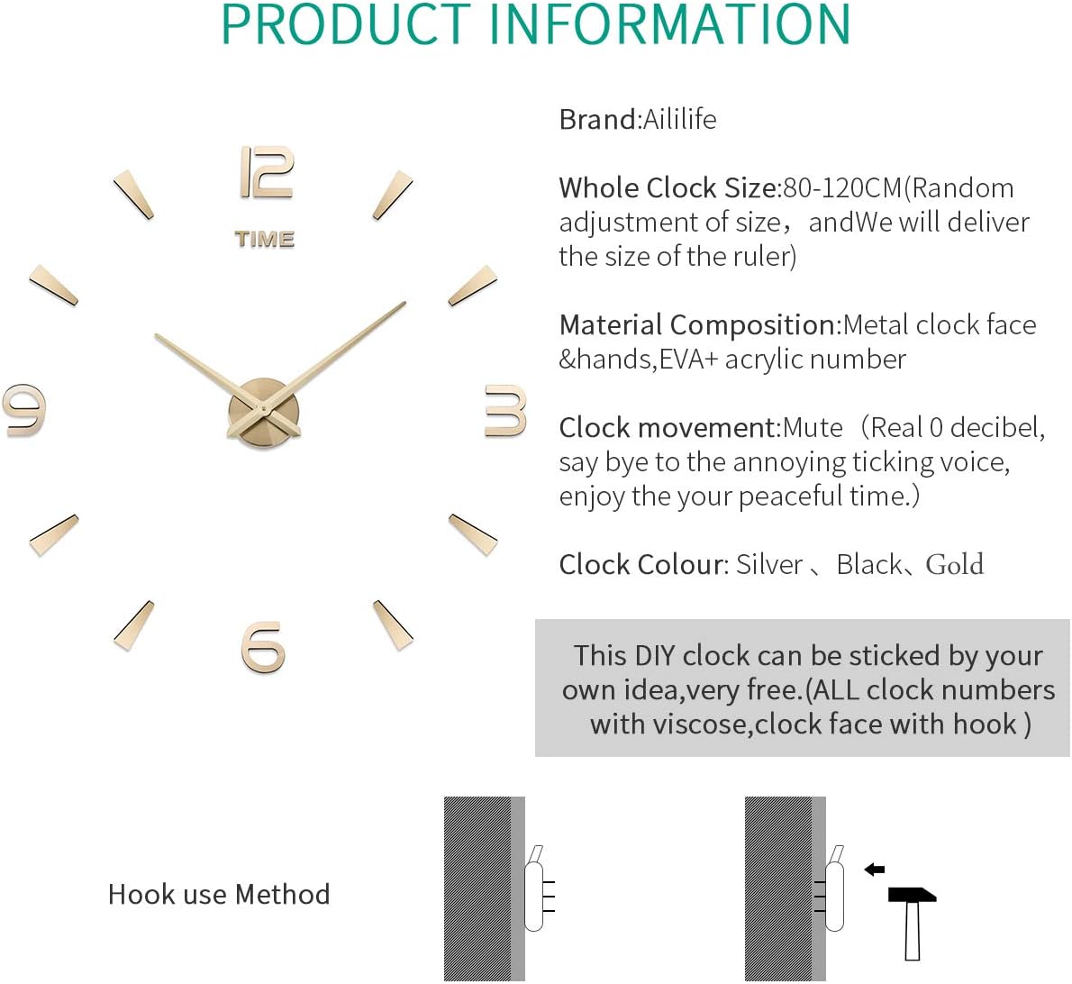 AILILIFE 3D DIY Wall Clock Decor Sticker Mirror Frameless Large DIY Wall Clock Kit for Home Living Room Bedroom Office Decoration (Gold)
