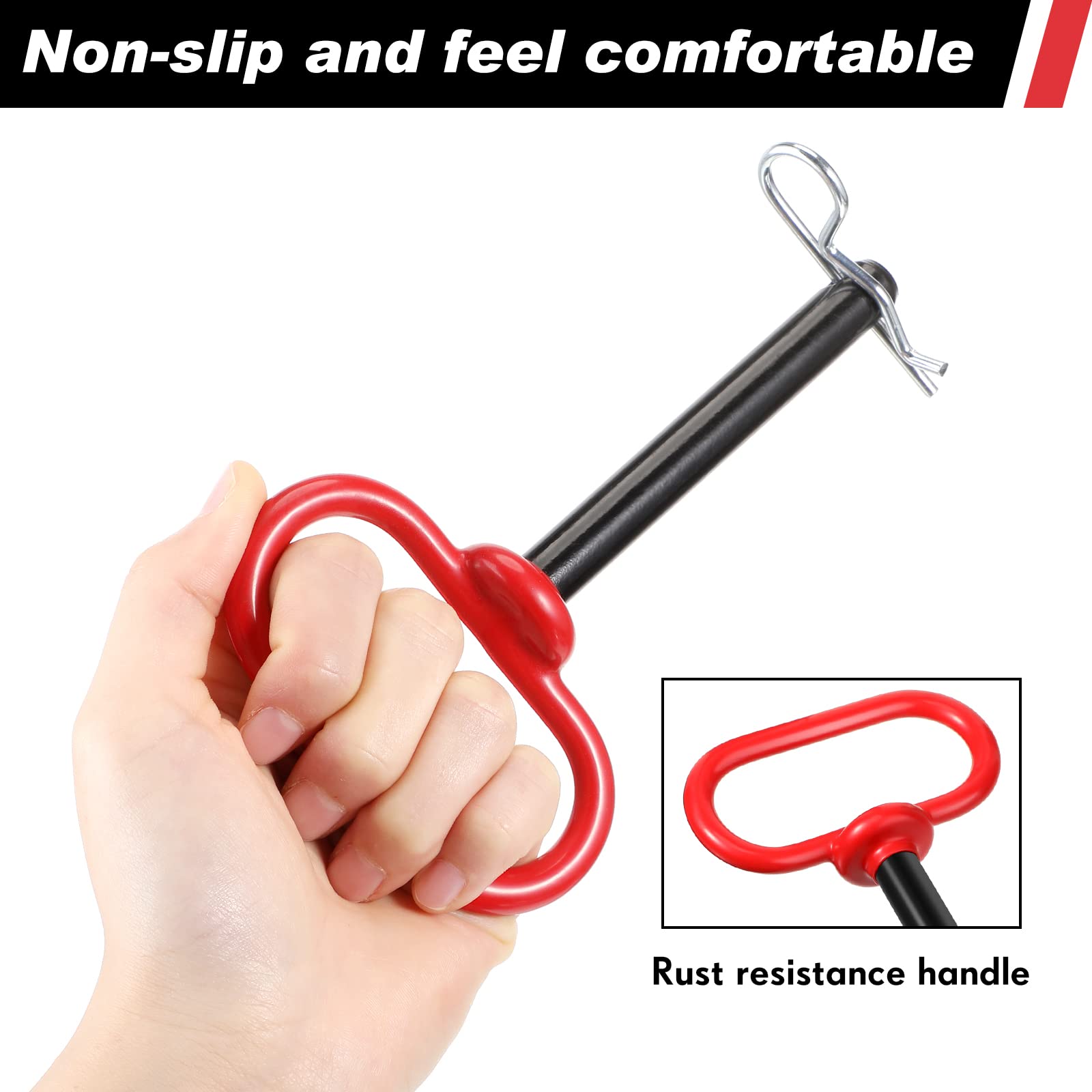 BBTO 4 Pieces Tractor Hitch Pin Trailer Hitch Pin 1/2 X 3-5/8 Inch Red Handle Hitch Pin Accessories Farm Turn Mower Towing Cargo Boat RV Car Truck Bike ATV - View #5