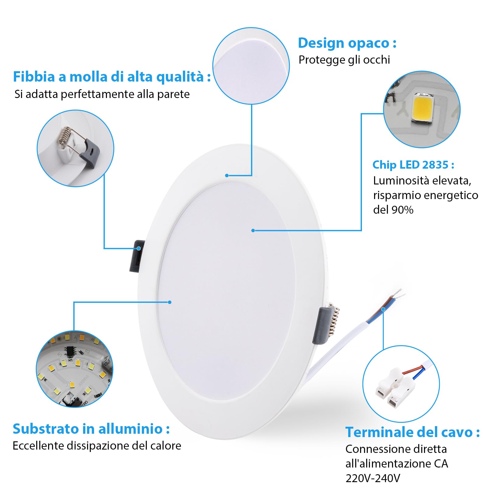 6 Pezzo Faretti LED da Incasso per Cartongesso, 12W, Round, Bianco Caldo 3000K/Bianco Neutro 4000K/Bianco Freddo 6000K Regolabili, Foro Ø120-130mm, Faretti LED Soffitto per Bagno Cucina