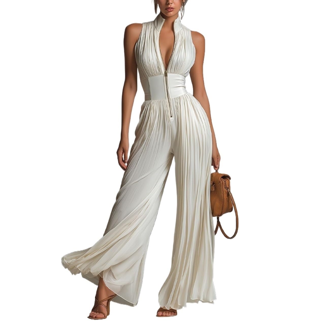Générique Combinaison Plissée Chiffon Femme Col V ou Col Haut Sans Manches Fermeture Éclair Taille Haute Pantalon Large Été Boho w