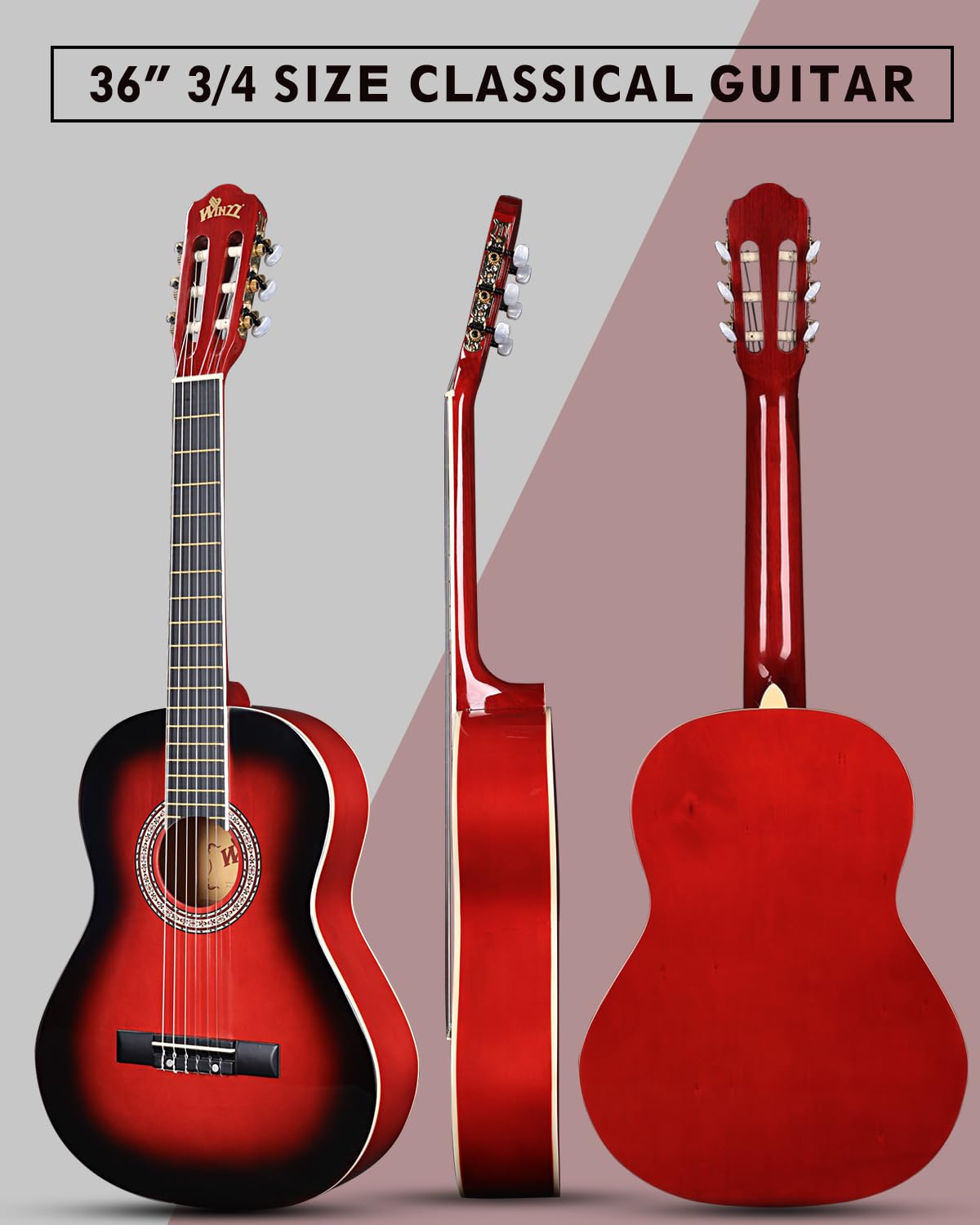 Winzz Gitara koncertowa 3/4, klasyczna gitara dla początkujących dla dzieci - czerwona błyszcząca (36 cali)