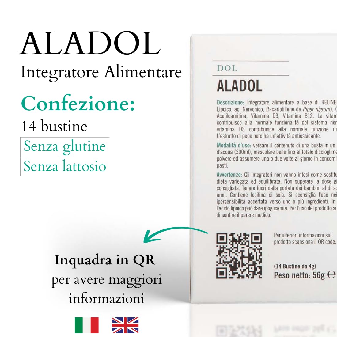ALADOL - Integratore Alimentare Azione Antiossidante, per Problematiche al Sistema Nervoso e per la Normale Funzionalità Muscolare, Dolorabilità Diffusa, 14 Bustine