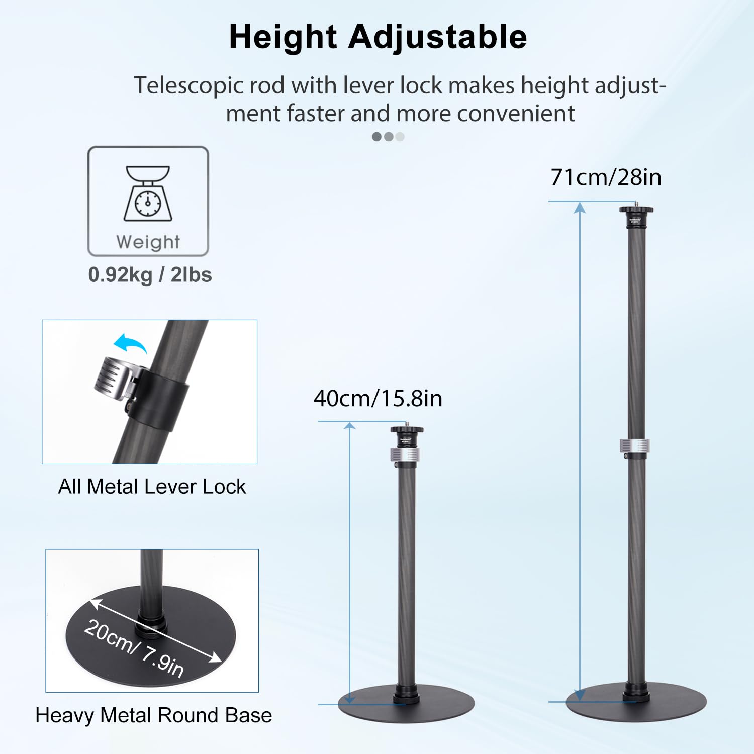 Koolehaoda Soporte de trípode para escritorio, soporte de luz ajustable, poste de extensión de fibra de carbono, trípode de escritorio con base pesada, cabezal giratorio de 360° para cámara DSLR, luz,