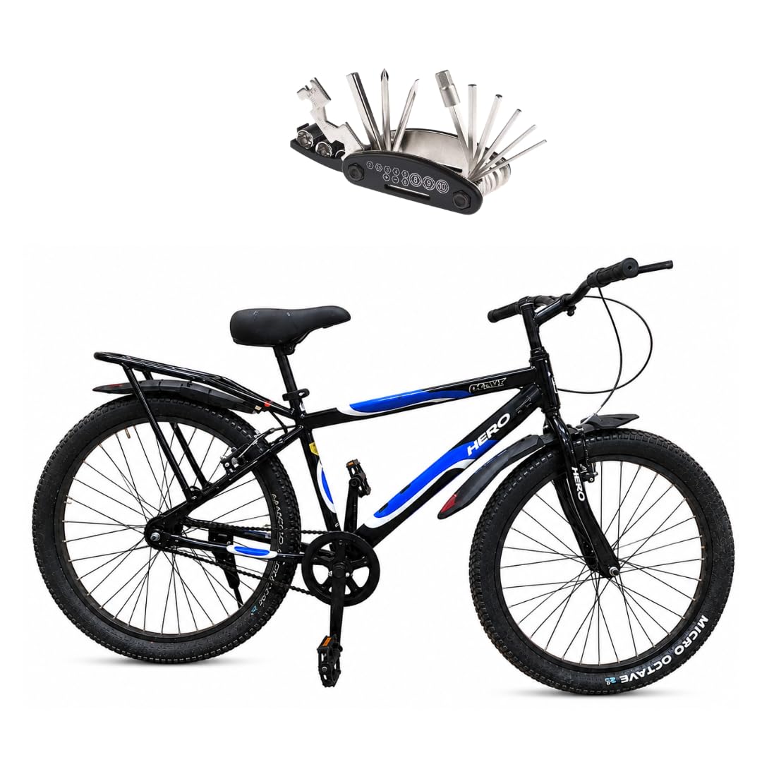 Hero Next 2.0 Ranger Sport Tire Size 24T Bicycle Power Brake Rear Carrier| Lock Bell Water Bottle | Single Speed Hybrid Bike | 95% Assembled Cycle | Boys Girls | Age 9-13 Years | Black Blue-image-23