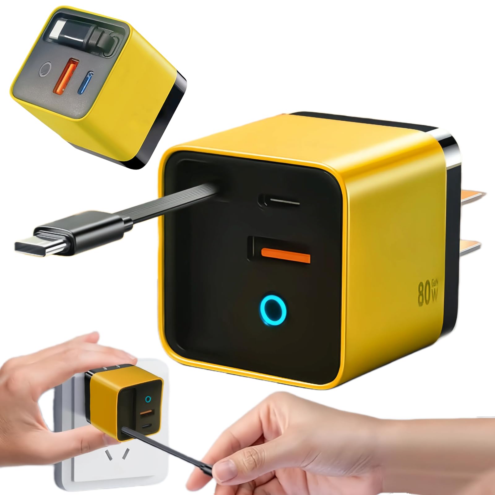 3 in 1 GaN Charger,80w Fast Charger Adapter with Type-C Cable & 2 USB Ports,Multi-Functional Retractable All in one Charger for Phone,Tablets,laptops (Yellow)