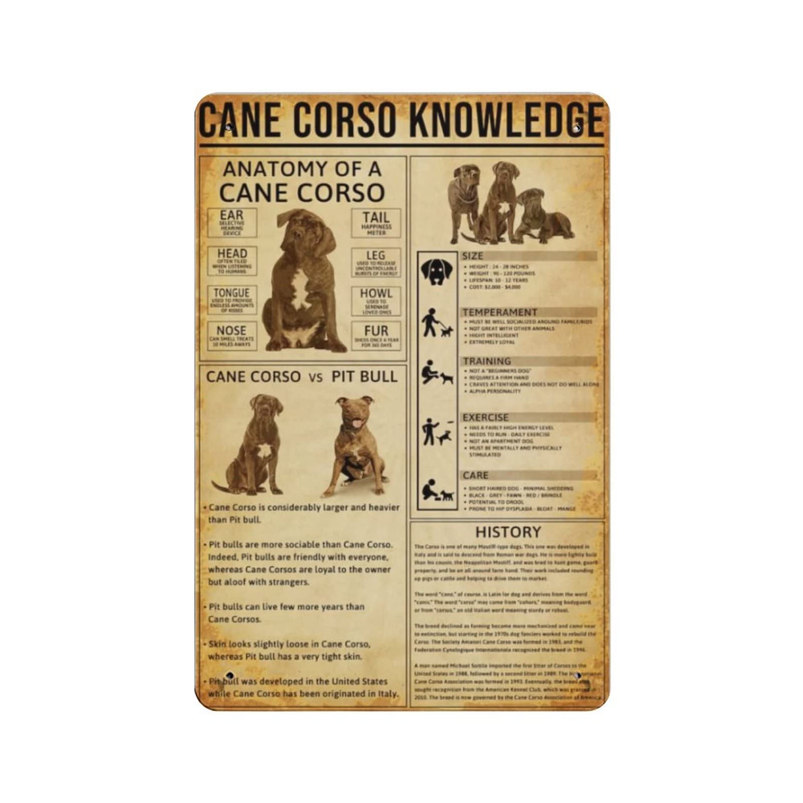 AOOEDM Cane Corso Knowledge Vintage Tin Sign Metal Tin Signs for Man Cave Funny Art Wall Plaque Kitchen Bar Pub Coffee Shop Wall Decor