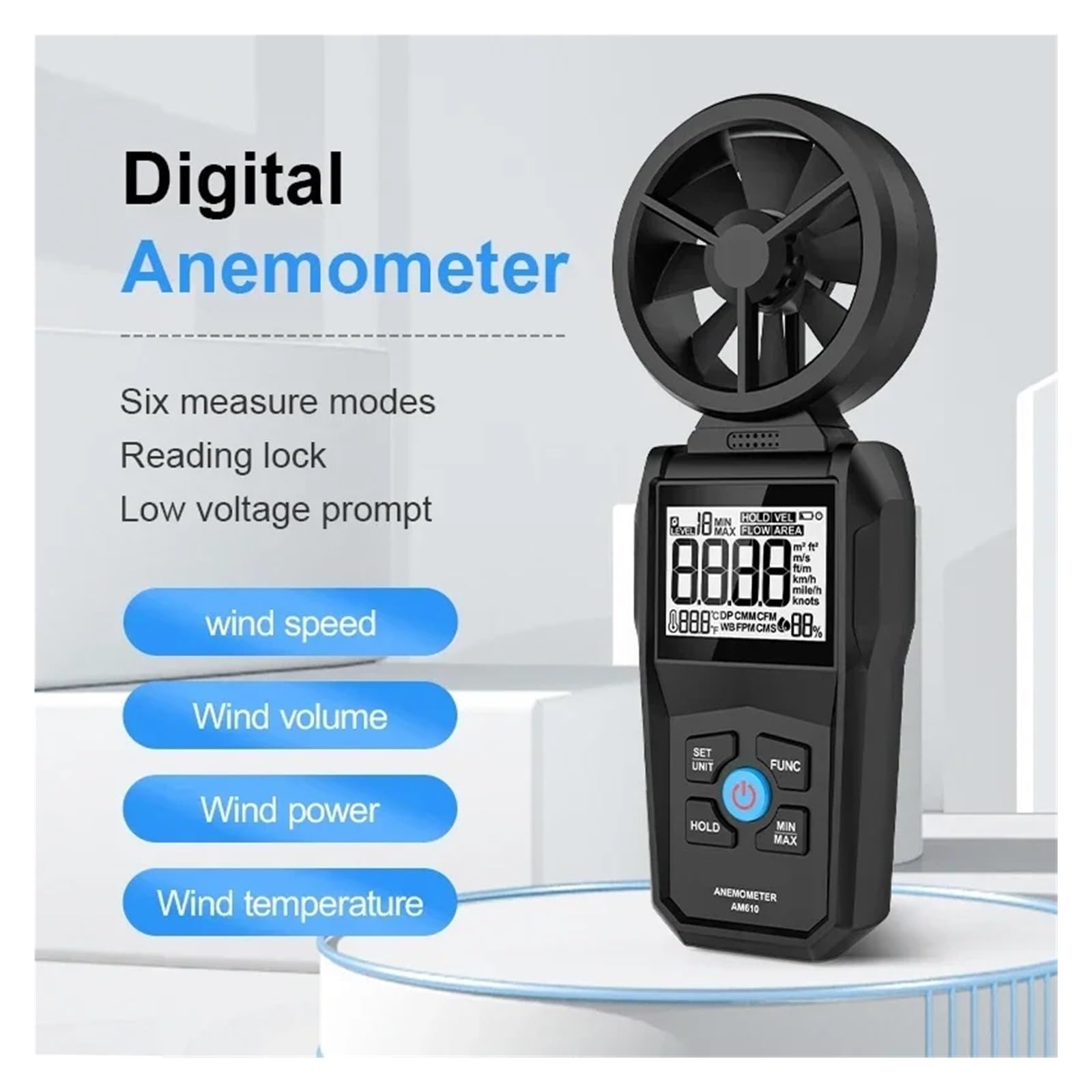 AM610 Digital LCD Windgeschwindigkeit Anemometer Windmesser Luftgeschwindigkeitstester Windrichtungsgeschwindigkeitsmesser Windgeschwindigkeitsdetektor