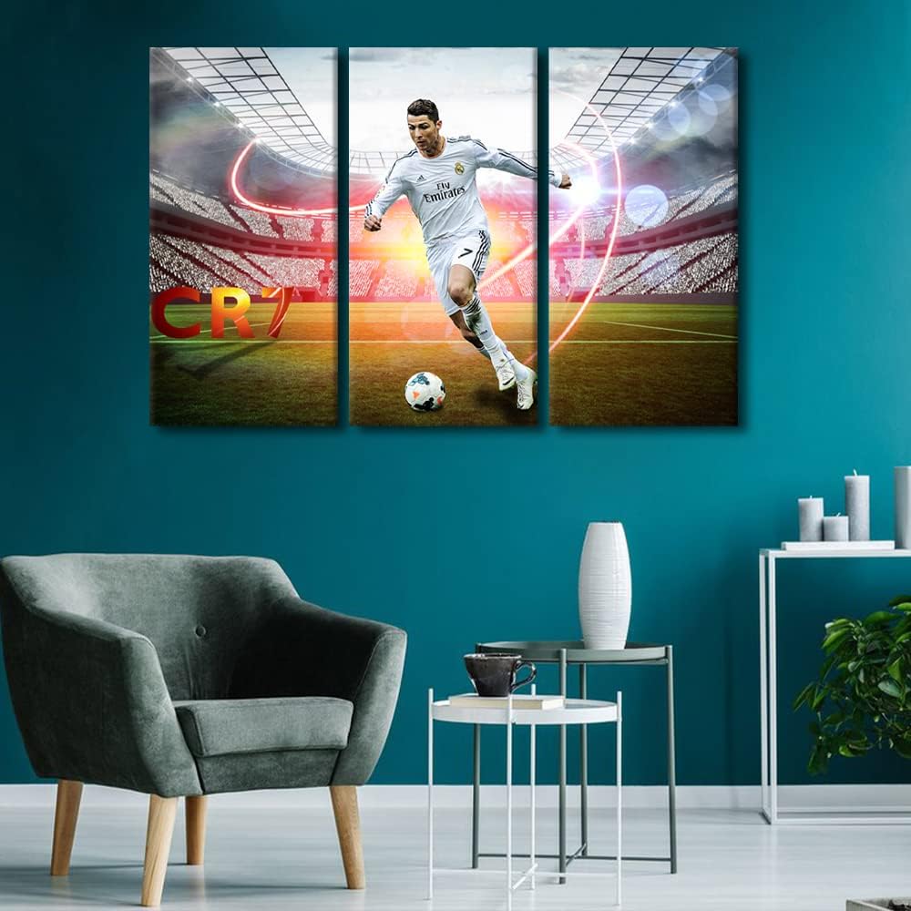 Famous Football Superstar 3 Pieces Canvas Wall Decor Poster Portuguese Professional Football Player Painting Artwork Canvas Print for Bedroom Living Room Decorations Framed Ready to Hang 60x40 in
