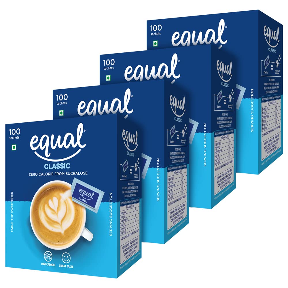 Equal Classic Zero Calorie Sweetener with #NOASPARTAME | Sugar Free Sweetener | Zero Calorie with Great Taste | 100 Sachets | Pack of 4