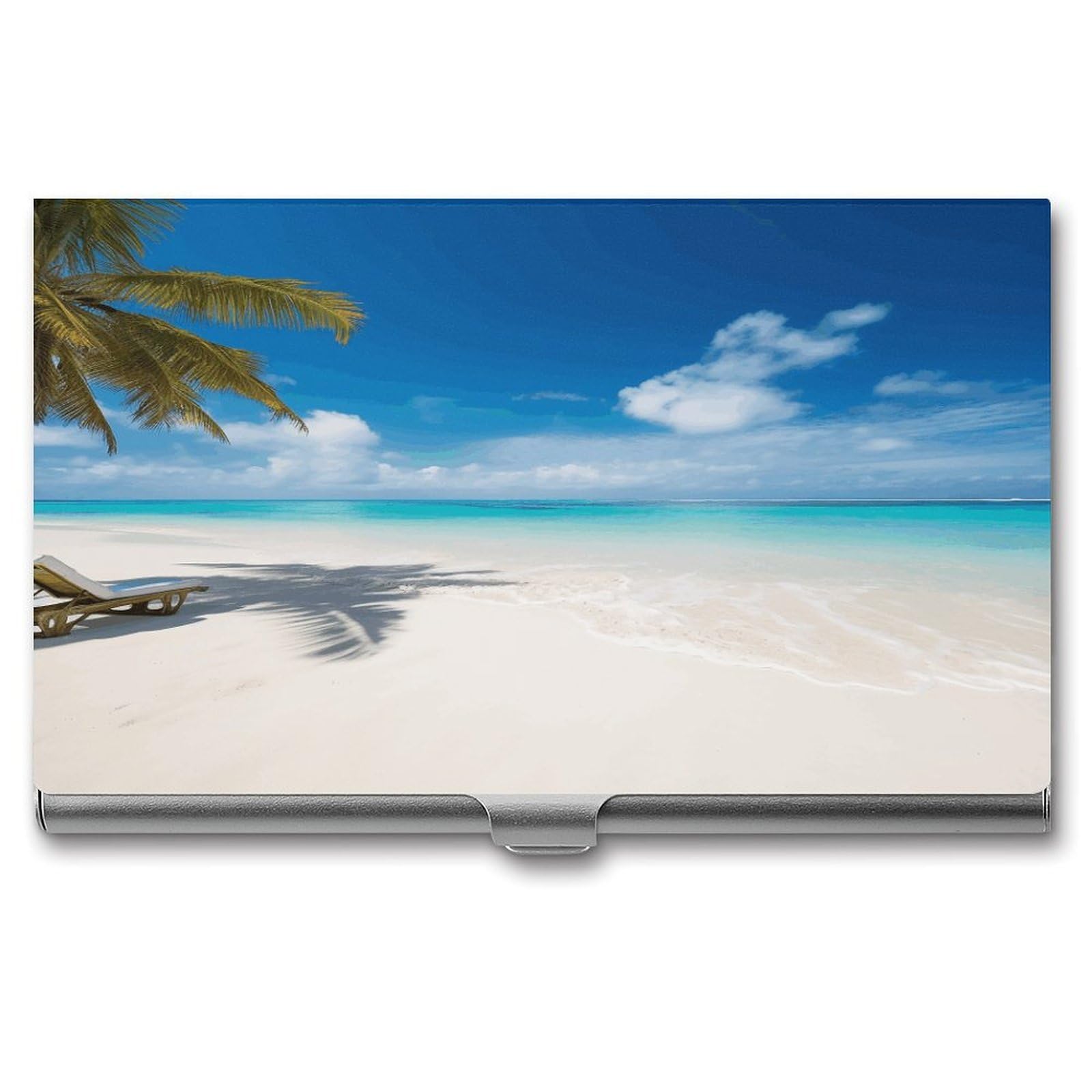 FekiLoot White Beach Tropical Sea Business Card Holder for Men Women Metal Slim Organizer Business Card Carrier Wallet Name Cards Holder Retro Slim Pocket Purse Small Portable Card Case