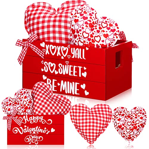 Valentine's Day Mini Wooden Crate Set Valentine's Day Tiered Tray Decor Wooden Basket with Felt Heart Ornaments Valentine Table Decor for Kitchen Home Decor (Sweet Heart Style)