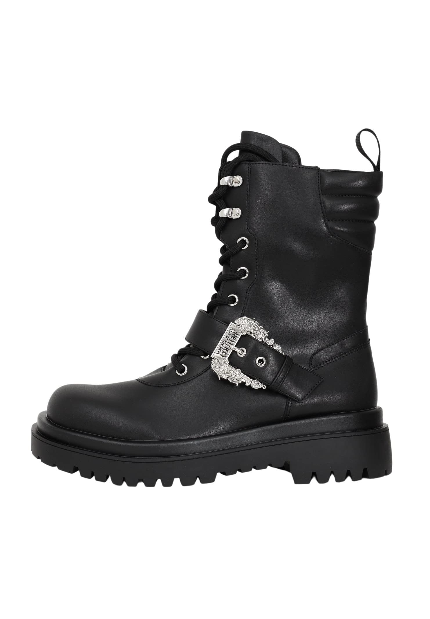 VERSACE JEANS COUTUREVersace Jeans boots in eco-leather with Baroque buckle. Round toe. Lace-up. Zip closure. Baroque buckle strap on the front. Silver metal finishes. Go sole