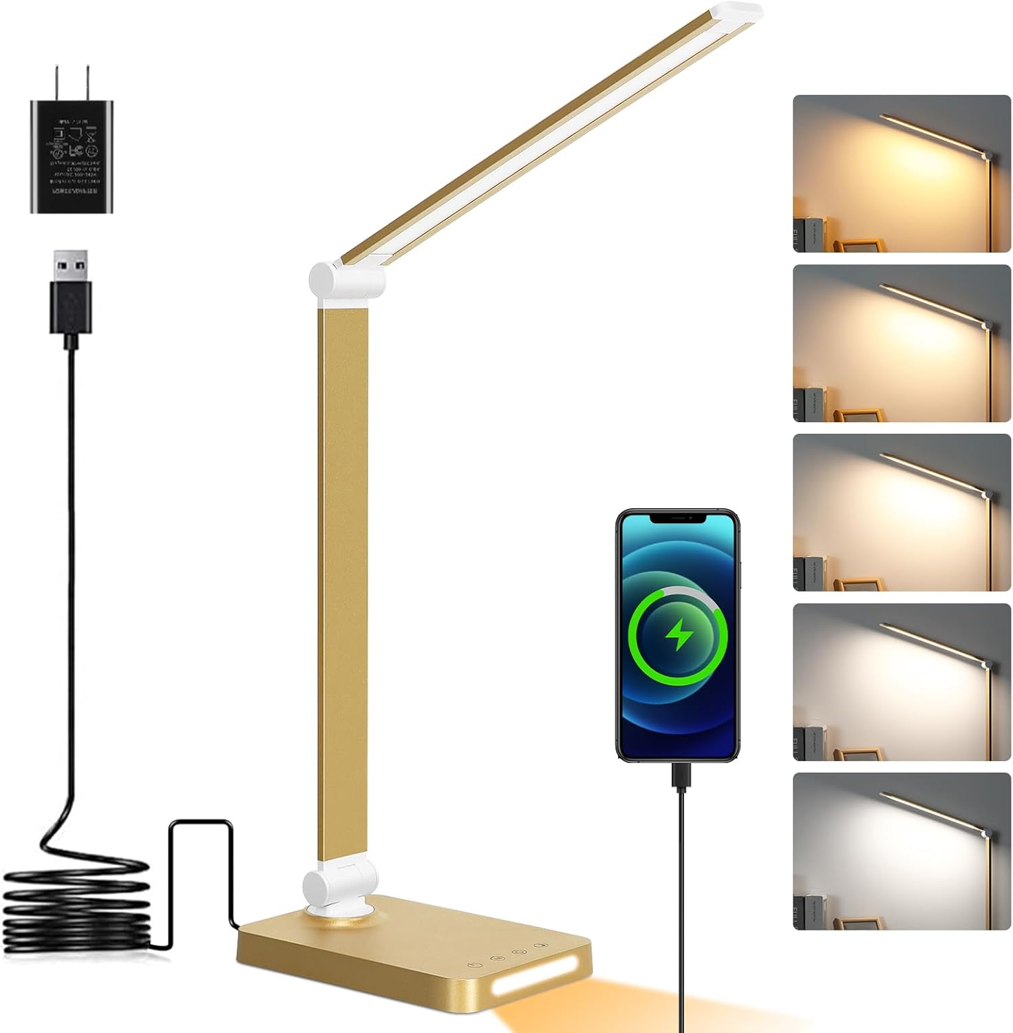 LED Desk Lamp with USB Ports,Touch Desk Lamps for Home Office with 5 Color Modes,3 Brightness Desk Light with Small Night Light,Reading Lamp Table Lamp for Bedroom Bedside Study Gold ?with adapter?