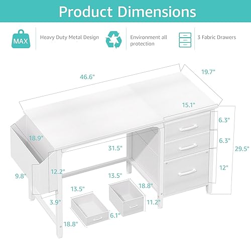 Miniatura 3 de Lufeiya Escritorio blanco con cajones de archivos, escritorio de computadora de 47 pulgadas para oficina en casa, mesa de estudio simple y moderna