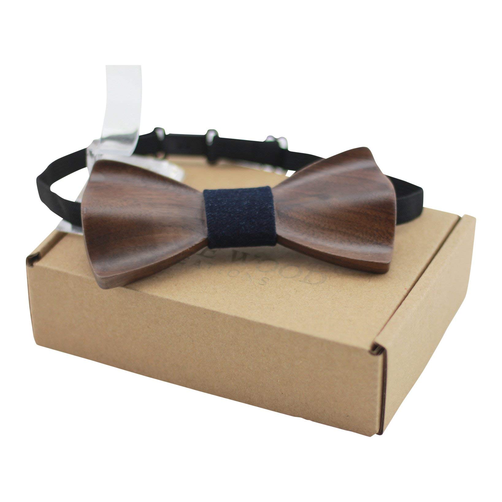 Angie Wood Creations Adult-Sized Wooden Bow Tie with Adjustable Satin Neckband with Blue Denim Center