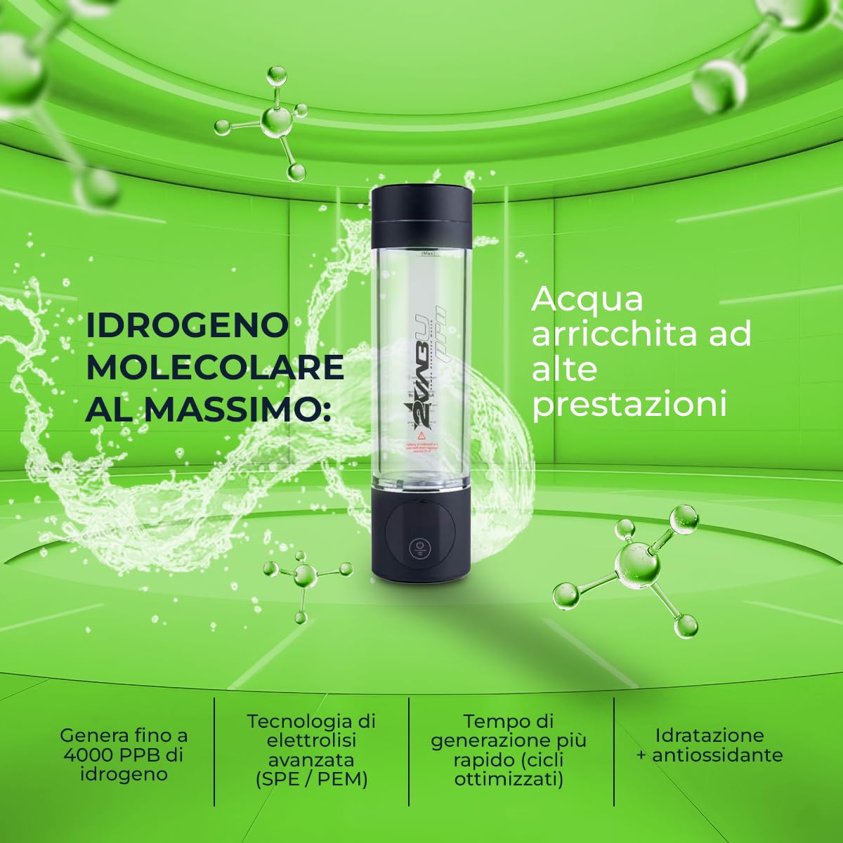Molecular Pro – Borraccia Acqua Idrogenata Ricaricabile – 4000 PPB Idrogeno Molecolare – Ionizzatore Acqua con Tecnologia SPE e PEM – 280 ml