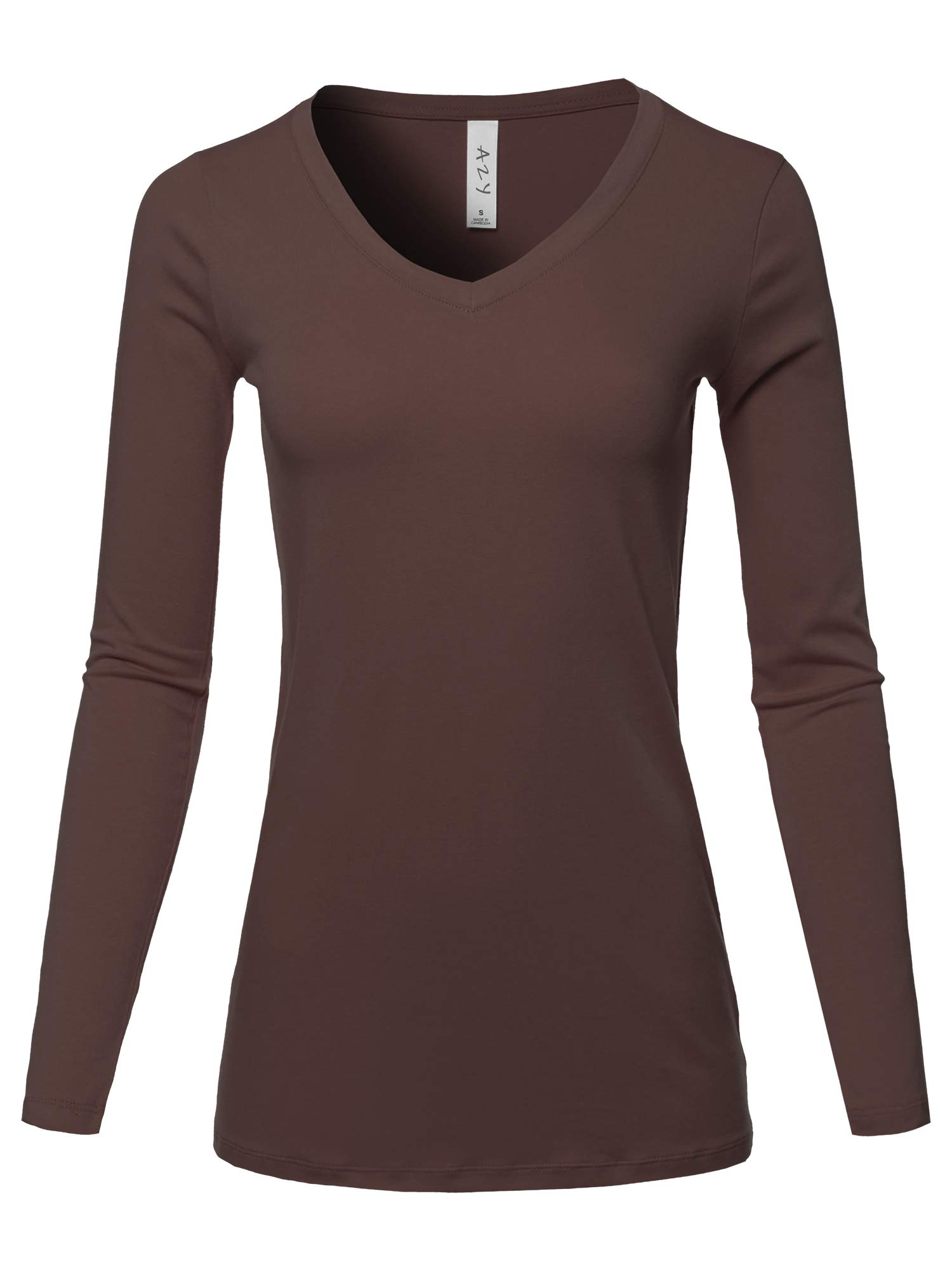 A2YWomen's Basic Solid Soft Cotton Long Sleeve V-Neck Top T-Shirt