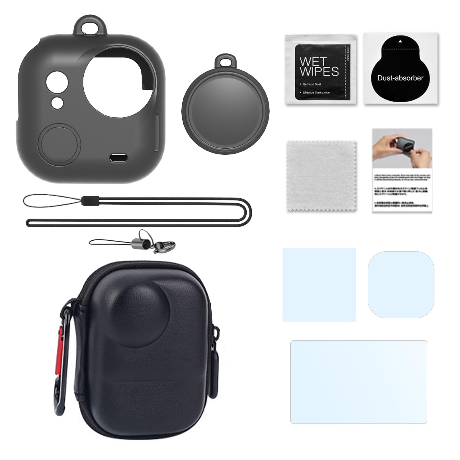 - Camera Accessory Kit for Insta 360 GO Ultra, Tempered Glass, Silicone Case with Lens Cover, Storage Bag w/Carabiner & Anti-Lost Lanyard, Full Protection Kit