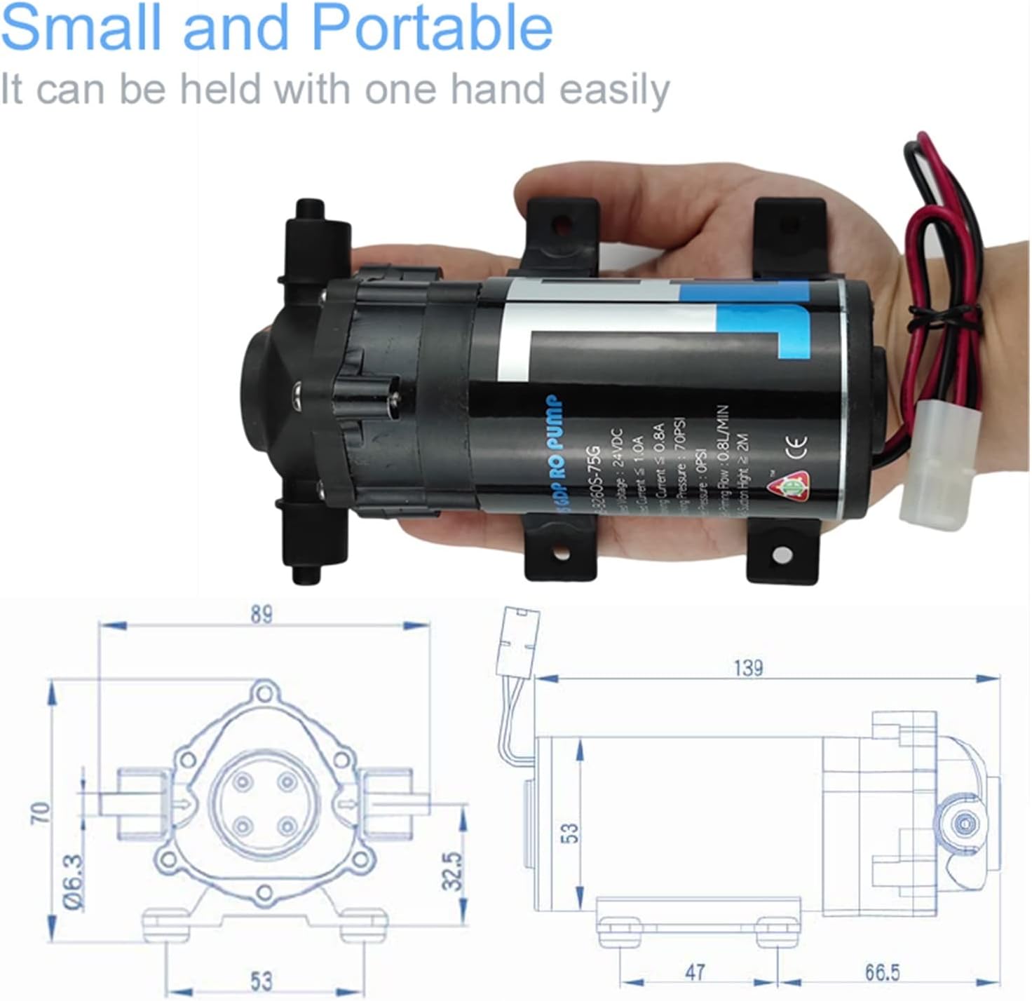 Mini Submersible Portable Electric Water Pump 70 PSI 24V Quiet Water Pump(Pump and power)
