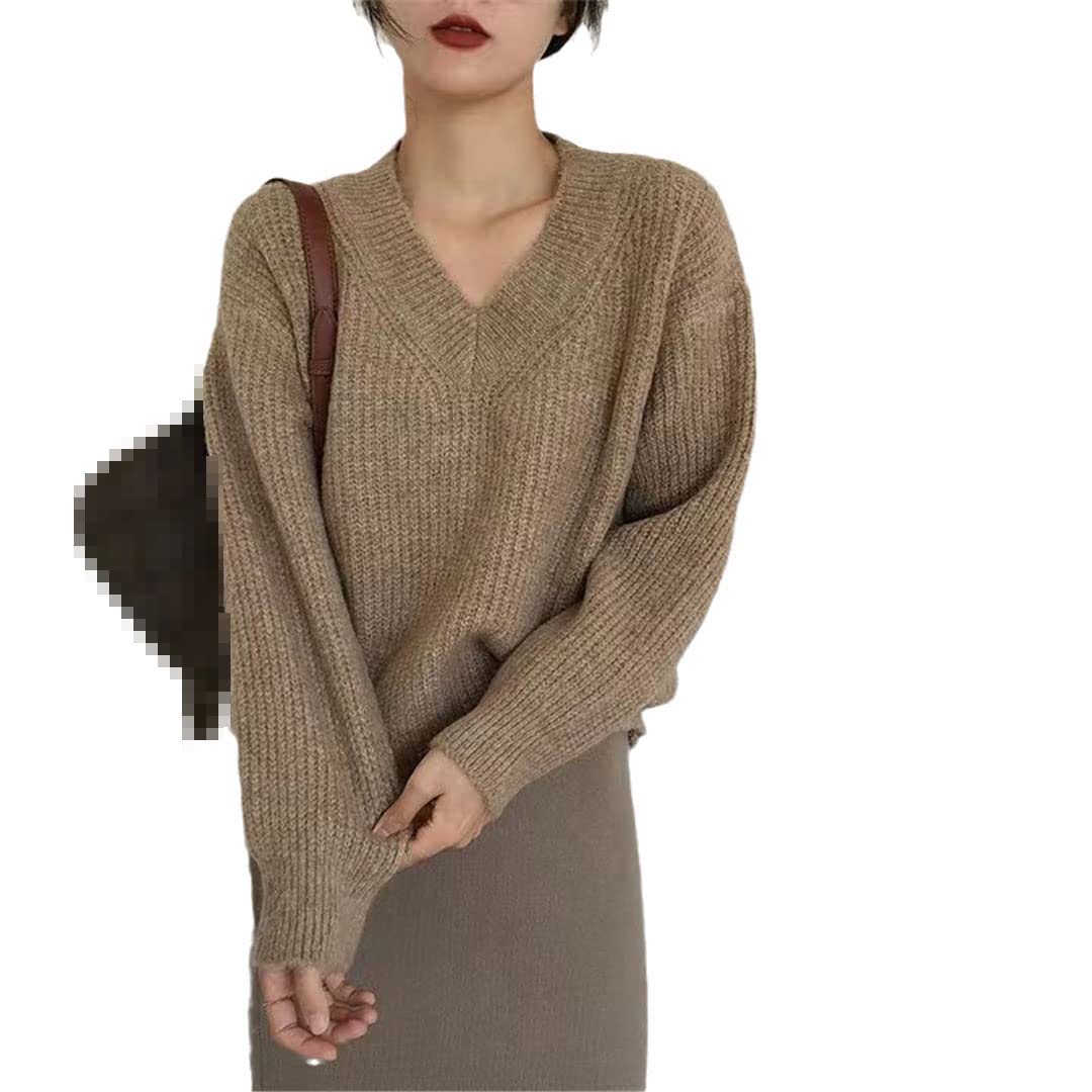 Damski sweter z dekoltem w serek ciepły gruby luźny sweter solidny sweter na co dzień top, Ciemne khaki, S
