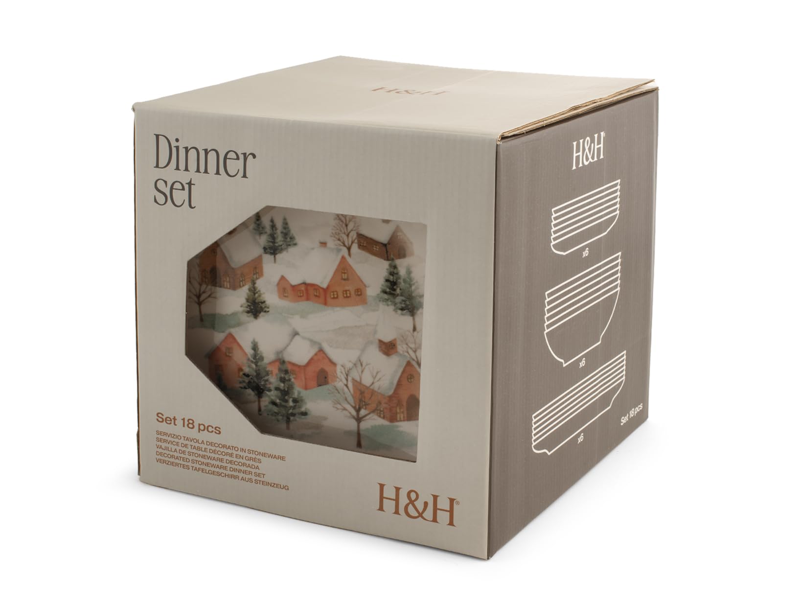 H&H Service de Table Noël 18 Pièces Fairytale Charm en Grès - Assiettes Plates, Creuses et à Dessert - Illustrations Élégantes Inspirées des Paysages Hivernaux et des Animaux de la Forêt